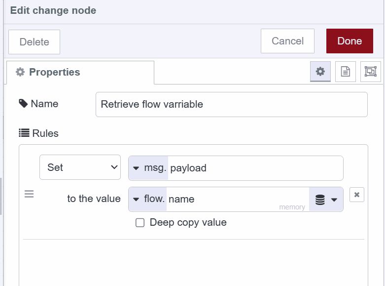 Screenshot showing how to retrieve flow variable using the change node "Screenshot showing how to retrieve flow variable using the change node"