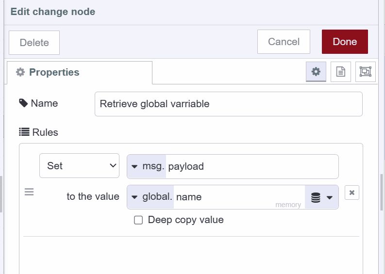 Screenshot showing how to retrieve global variables using the change node "Screenshot showing how to retrieve global variables using the change node"