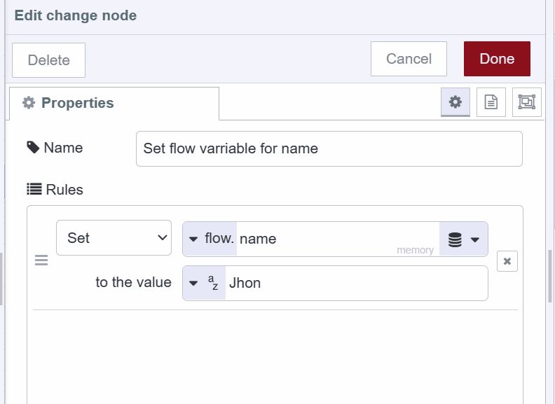 Screenshot showing how to set flow variable using the change node "Screenshot showing how to set flow variable using the change node"