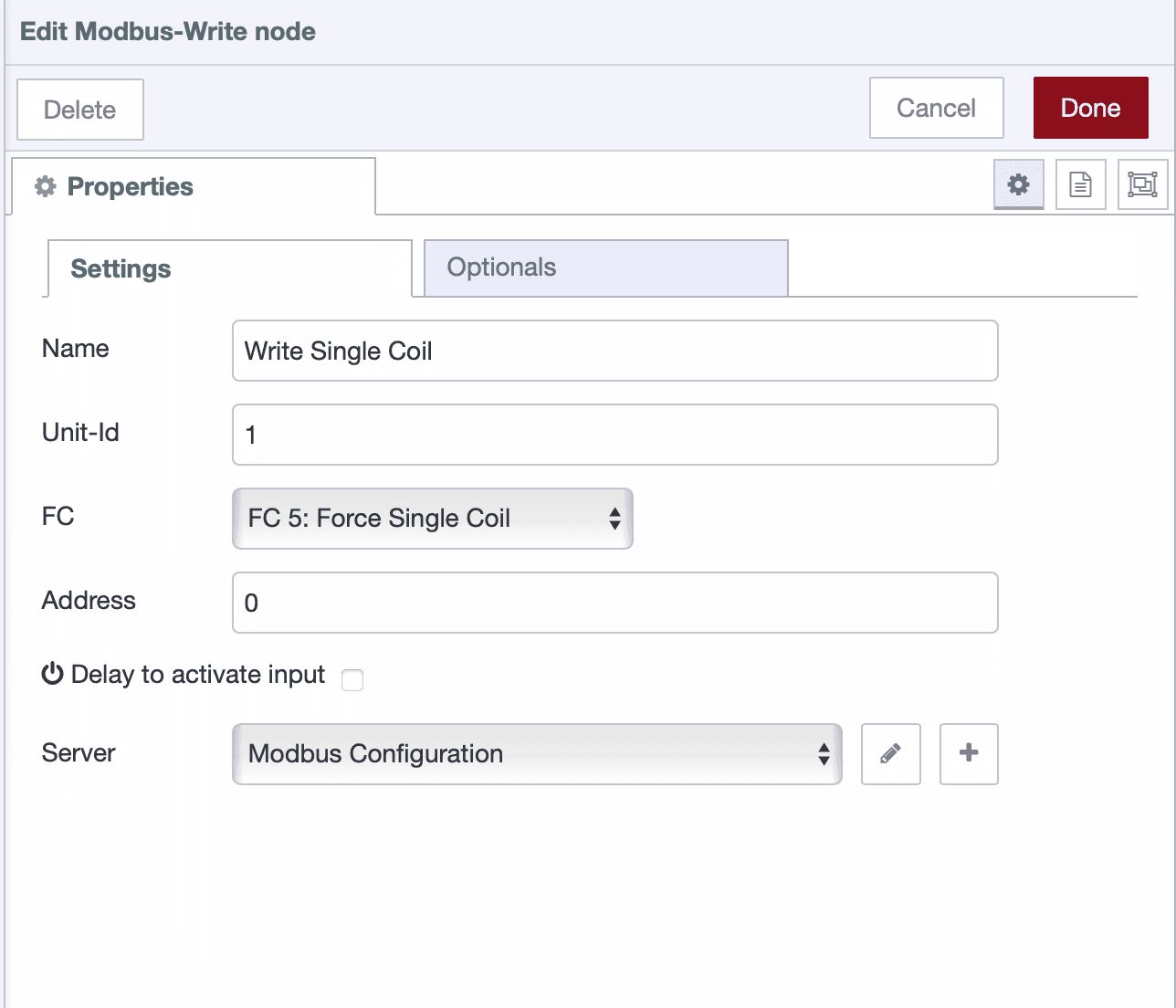Writing a single coil using the Modbus Write node.